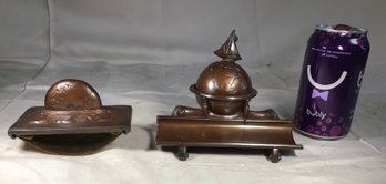 Antique Cast Iron Ink Well And Blotter, Made In Germany - Ink Well Is Cambridge Green Apple Glass