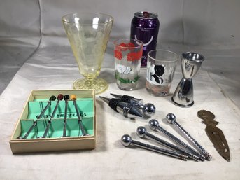 Bar Lot Of 12, Including 4 Bakolite Muddler Stirrers In Original Box And 1933 Worlds Fair Page Bookmark