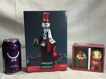 Pfaltgraff Winterberry Snowman Wine Bottle Holder And Pfaltgraff Puppy And Present Salt & Pepper Shakers