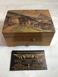 Antique Wood Music Box With Mountain Scenery, Made In Switzerland - See Description