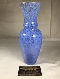 Art Glass Vase Hand Blown Confetti Periwinkle Speckled - 10 In Height