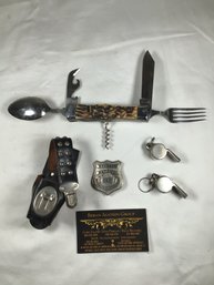 Vintage Utensil Fork And Spoon Pocket Knife With Corkscrew In Holster, 2 Whistles, Student Patrol Badge