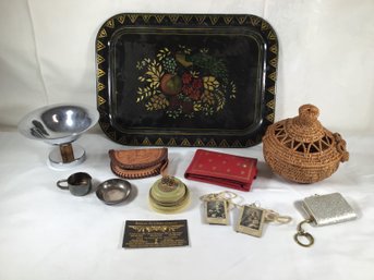 Tolleware Tray With Leather Wallet And Pouch, Woven Basket, Elephant Topped Small Jar, And More! Lot Of 11