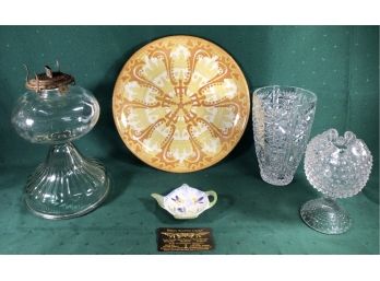 Oil Lamp Base, Large Springtime Colors Sherbet Orange And Yellow Plate And More! Lot Of 5