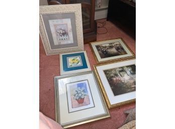 Group Of 5 Framed Prints, Nicely Matted, Wood Frames