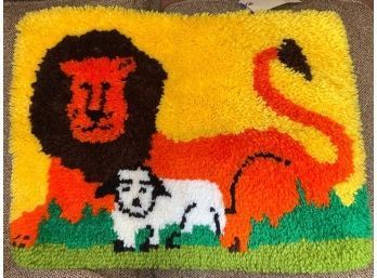 Occasional Hooked Style Rug With Lion & Sheep, Around 2x3 Ft.