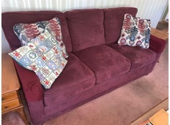 Nice 3 Cushion Full Sized Lazyboy Sofa, In Burgundy Plush, W/ Pillows