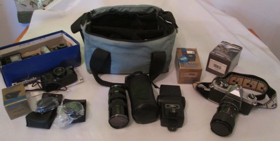 Film Camera By Pentax With Lenses And Bag &other Vintage Cameras