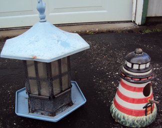 Metal Bird Feeder And Cute Little Lighthouse Birdhouse