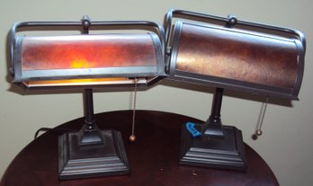 Pair Of Oiled Bronzed Banker Style Lights