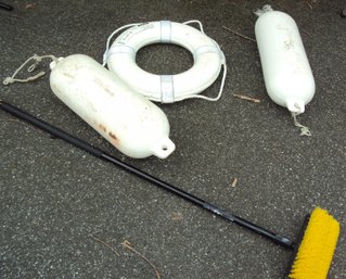 Four Boat Bumpers & Rescue Ring Plus A Boat Brush