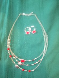 Red And Silver Toned Jewelry Set