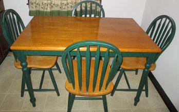 Great Little Green And Natural Wood Finish Farm Table & Chairs