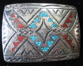 Sterling Silver Belt Buckle With Turquoise And Red Coral Design