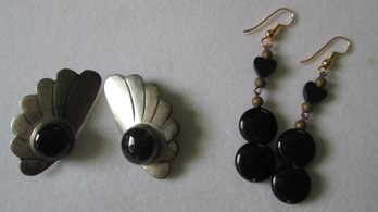 Sterling Silver Black Onyx  & Dangle Black Stone Earrings