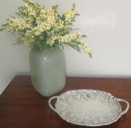 Green Glass Vase And Fruited Serving Tray