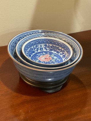 Japanese Sadak By Andrea Set Of 3 Bowls. Blue And White Porcelain