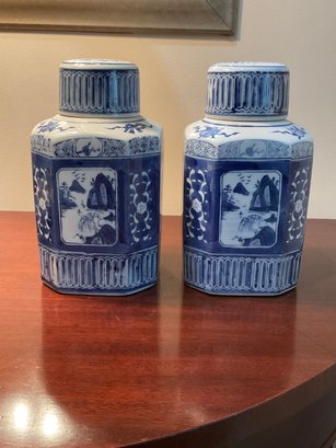 Pair Of Blue And White Porcelain Jars With Lids By Seymour Mann. Made In China
