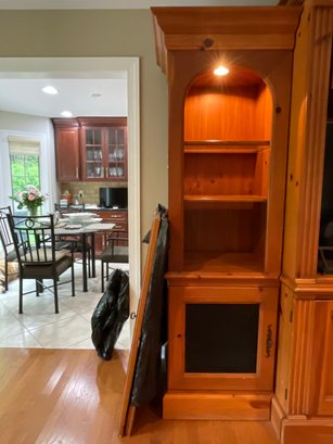 Pair Of Pine Bookcases With Shelves , Lighting And Closed Storage