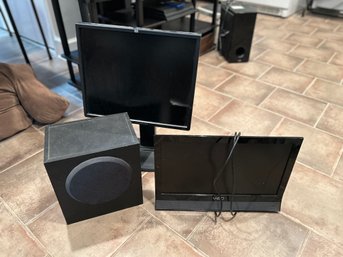 Hewlett Packard Monitor, Vizio Monitor, Creative Woofer Speaker