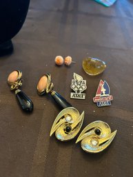 Variety Lot:  Shoe Clips (1), Bakelite Amber Ring, Earrings (2), Vintage Olympic Pins (2)