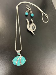 Turquoise Necklace Earrings And Brooch