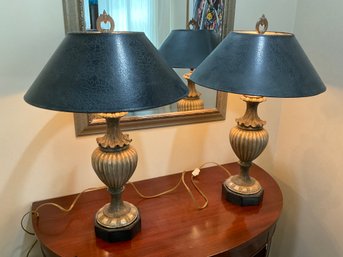 Pair Of Table Lamps.  Gold With Black Shades.  27