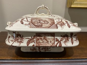 Brown And Ivory English Transferware Footed Tureen. W.E.& Co.