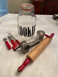 Lot Vintage Kitchen Items With Red Handles And Large Glass  Cookie Jar