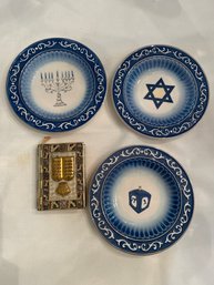 Set Of 3 Hand Painted Hanukkah Plates With Vintage Jewish Bible