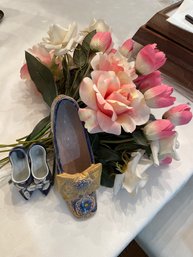 Lot Of Porcelain Shoes And Faux Flowers