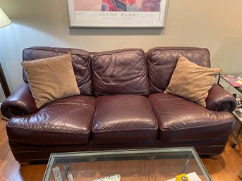 Brown Leather Sofa With Pillow Back And 2 Throw Pillows By Hancock And Moore