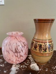 Lot Of 2 Vases.  Pink Glass /painted  Terracotta.