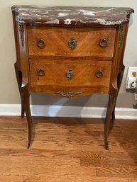 Beautiful Marble Top Teak Table With Metal And Inlaid Wood Accents. Estimated To Be Early 1900s