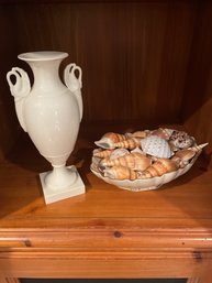 2 Pieces Of Lenox China And Shells. White Vase  And Ivory Fluted Bowl With Gold Trim