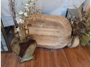 Wooden Platter, Ceramic Vase With Faux Dried Flowers, Metal Vase With Dried Flowers