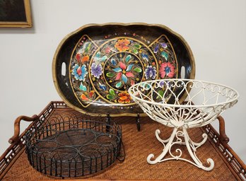JK Hand Painted Wood Tray, Decorative Metal Bowl And Tray - Locust Valley Pick Up