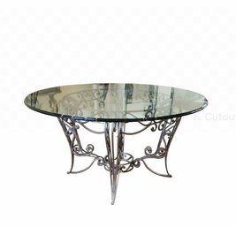 JK Vintage Brushed Steel Scrolling Design Base & Heavy Glass Top Table - Port Washington Pick Up