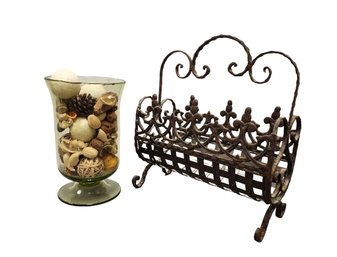Wrought Iron Magazine Holder And Glass Hurricane Candle Holder - LOCUST VALLEY PICK UP
