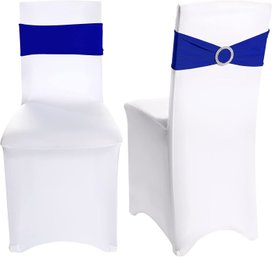 60 Special Event White Chair Covers & 60 Blue Rhinestone Sashes MSRP $168 New In The Box