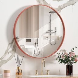 36 Inch Ribbed Round Wall Or Vanity Mirror, Anti-Rust, In Rose Gold MSRP $190 Brand New In The Box