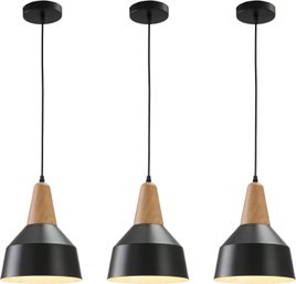 3 Pack Trio Of Solid Wood & Matte Black Pendant Ceiling Mounted Lights $95 MSRP Brand New In The Box