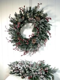 National Tree Company Set Of Battery LED Pre-Lit Frosted Flocked  Berries Wreath & Swag MSRP $242