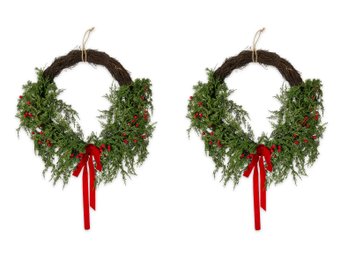 Pair (2) Of Evergreen Christmas Wreaths With Velvet Bow Berries, 26'D, Individually Boxed, New