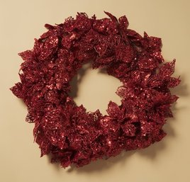 Rachel Zoe Designer Thick Glittery Garnet Red Poinsettia Wreath, Brand New In The Box