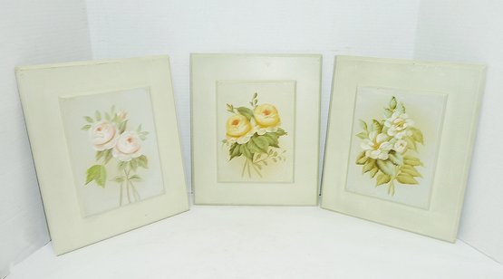 3 Wall Hanging Panels, Hand Painted Flowers