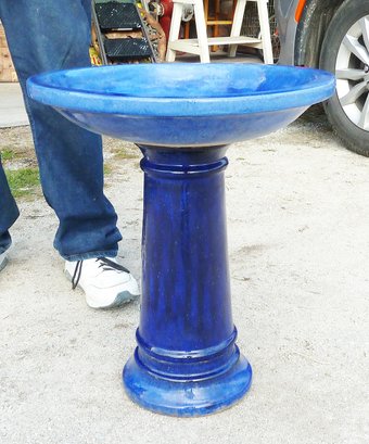 Blue Glazed Redware Pottery Birdbath