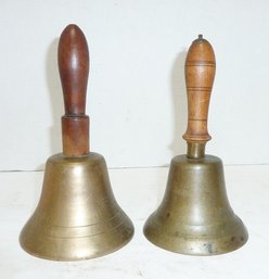 2 Vint. Brass School Bells, Wood Handles