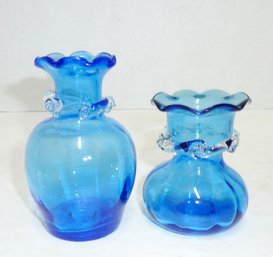 2 Vintage Blue Art Glass Vases