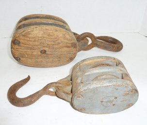 2 Vintage Wood Pulley Tools, 1 Gray Painted